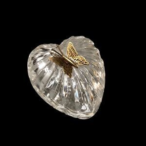 MCM Art Deco Crystal Trinket Dish w/Gold Butterfly on Top; Ring Dish, HeartShape